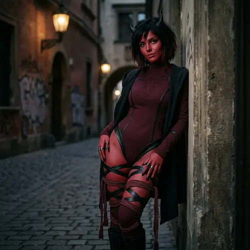 Enigmatic Devil Woman with Red Skin in Dark Red Bodysuit
