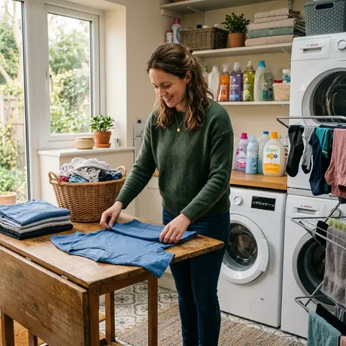 Realist Woman Folding Shirt in Laundry Room