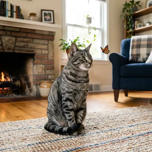 Curious Cat Adores Butterfly in Cozy Living Room