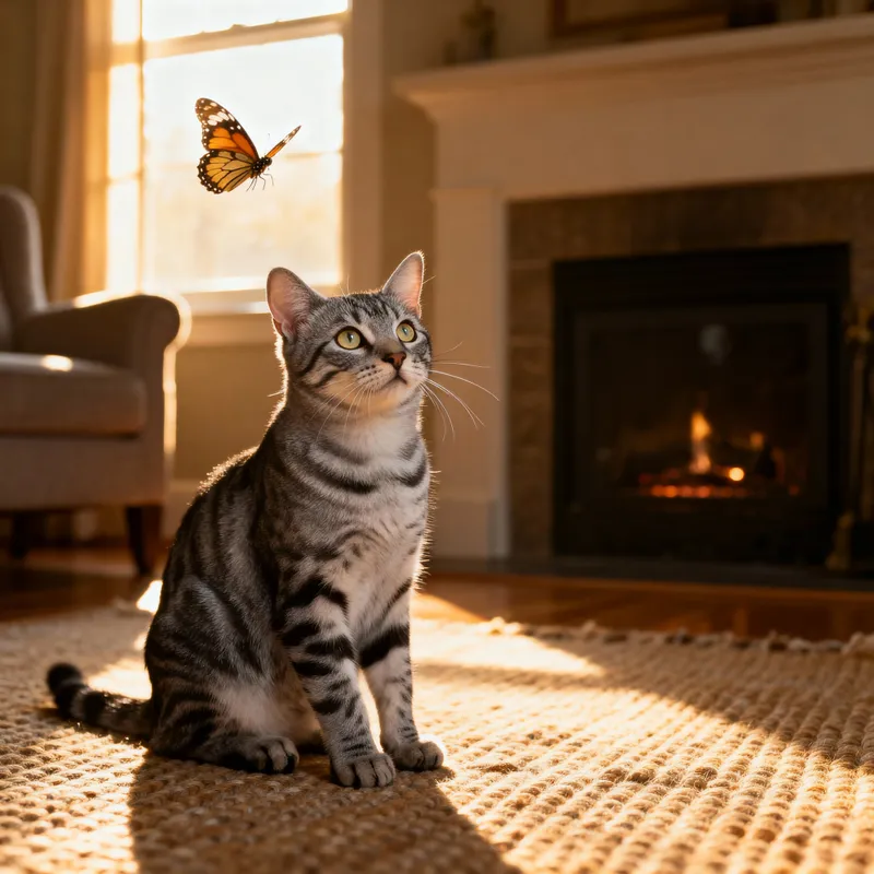 Curious Cat Adores Butterfly in Cozy Living Room