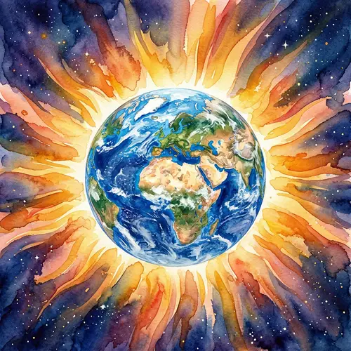 Vibrant Watercolor Illustration of Earth & Sun Rays