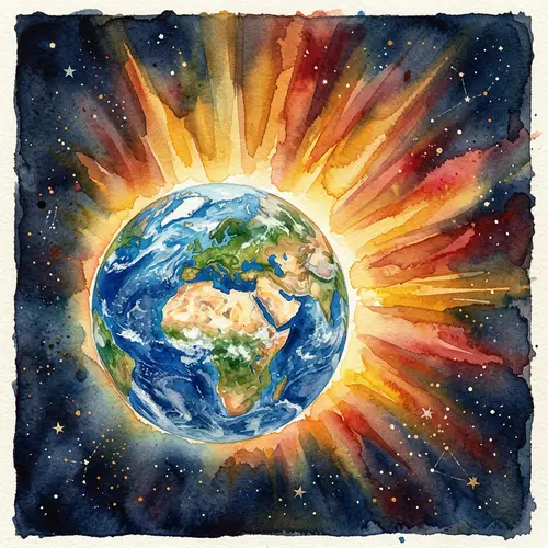 Vibrant Watercolor Illustration of Earth & Sun Rays