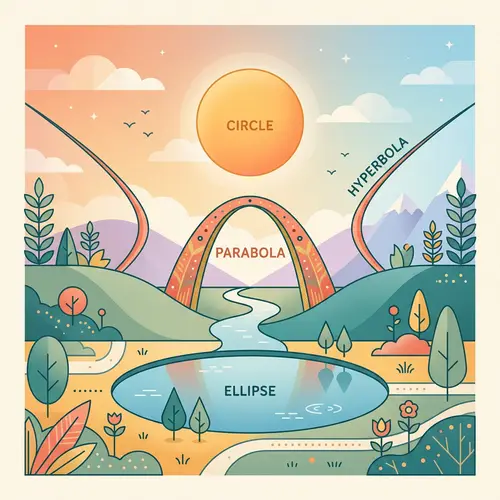 Geometric Shapes Illustration with Circle, Parabola, Hyperbola, and Ellipse