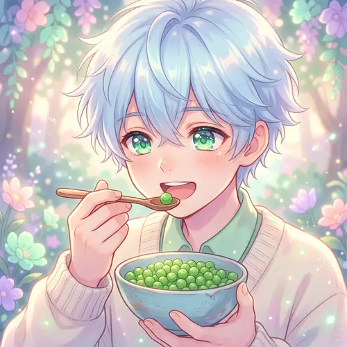 Enchanting Anime Boy with Radiant Blue Hair Enjoying Peas