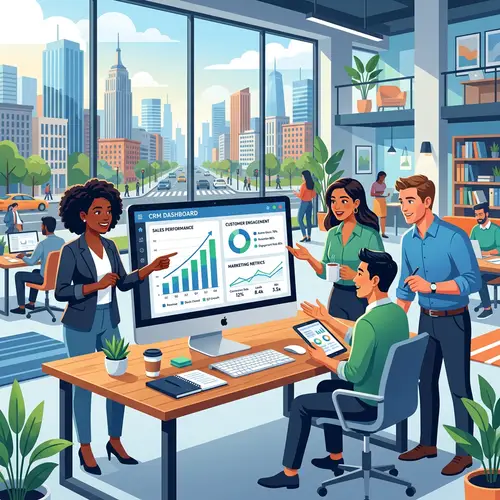 Modern CRM System Illustration: Analytics, Sales Performance, Customer Engagement