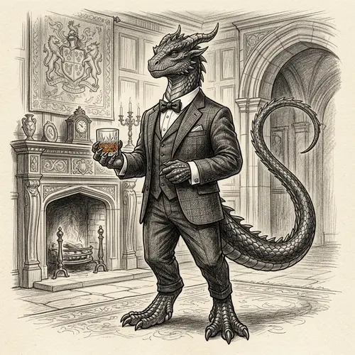 Mysterious Dragon in Formal Suit Holding Crystal Glass