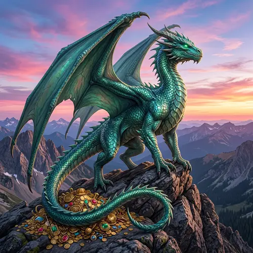 Majestic Dragon in Sea-Green Scales | Ancient Gold and Jewels