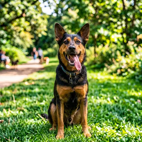 Happy Adult Dog with Black and Brown Soft Fur in Lush Green Park