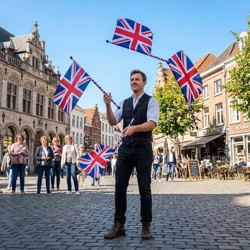 Expert Juggler with UK Flag Poles in Downtown Plaza