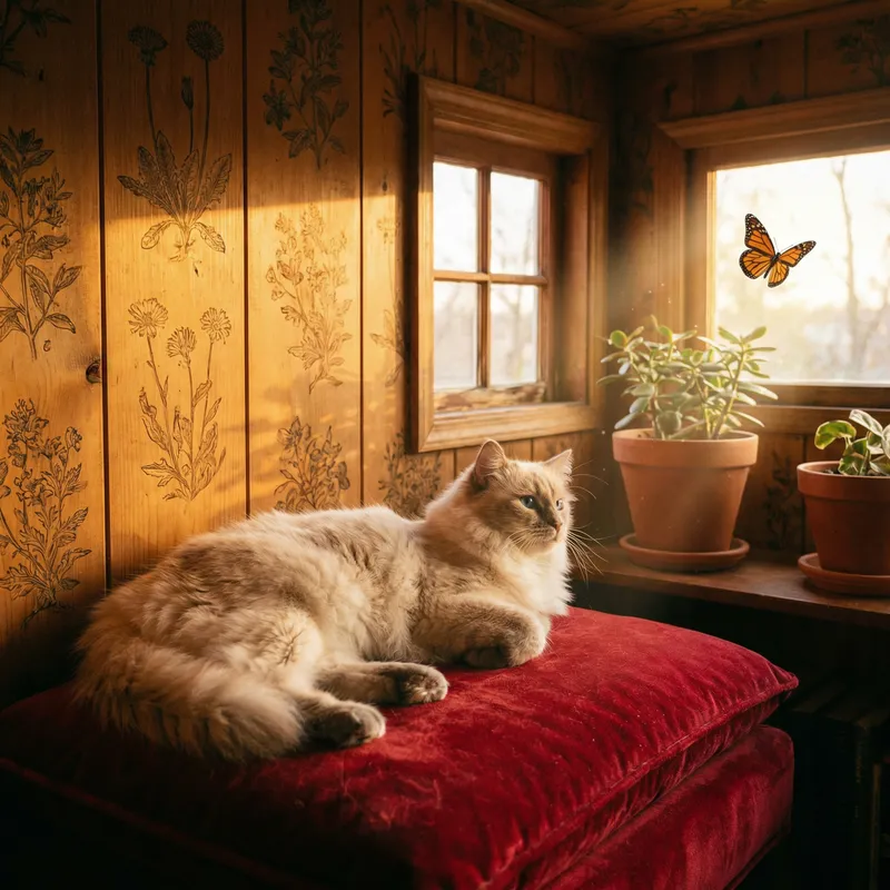 Adorable Blue-Eyed Cat on Velvet Cushion