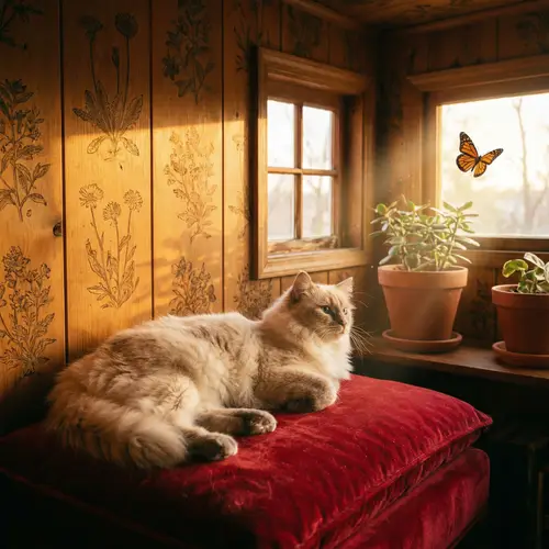 Adorable Blue-Eyed Domestic Cat on Red Velvet Cushion