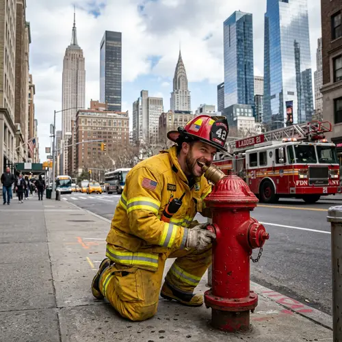 Caucasian Male Firefighter Playfully Gnawing on Fire Hydrant