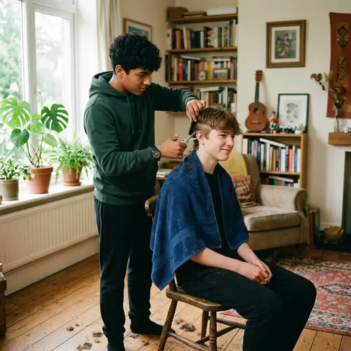 Teenage Boys Haircutting | Camaraderie in Action