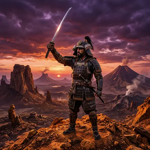 Middle-Eastern Samurai Warrior on Venus - Alien Sunset Battle
