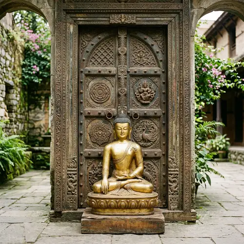Golden Buddha Statue on Vintage Metal Door
