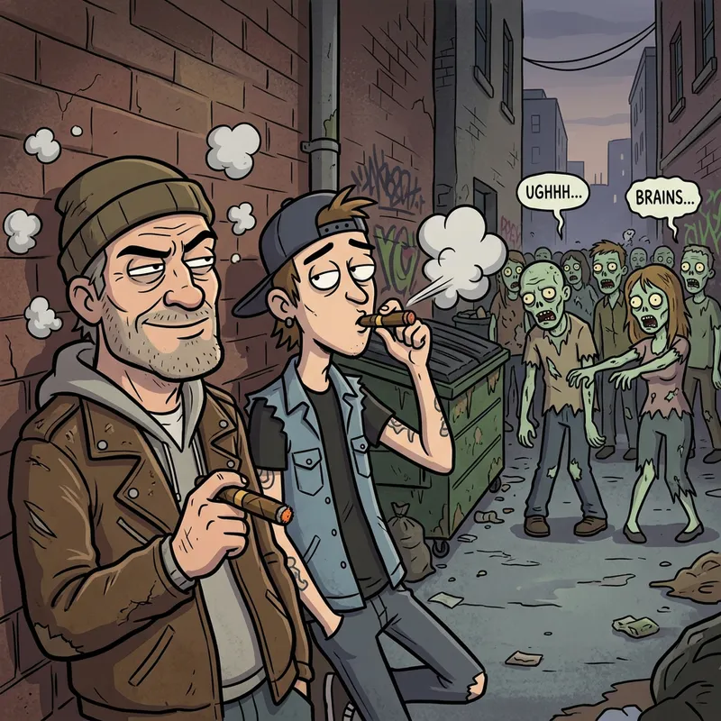 Cartoon Guys Smoking Cigars Among Zombies