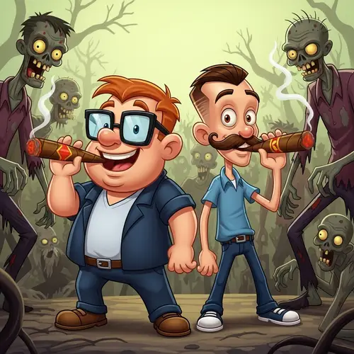 Cartoon Guys Smoking Cigars Among Zombies