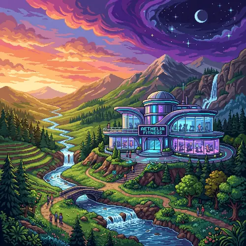 Futuristic Gym Building in Majestic Landscape | Retro Pixel Art