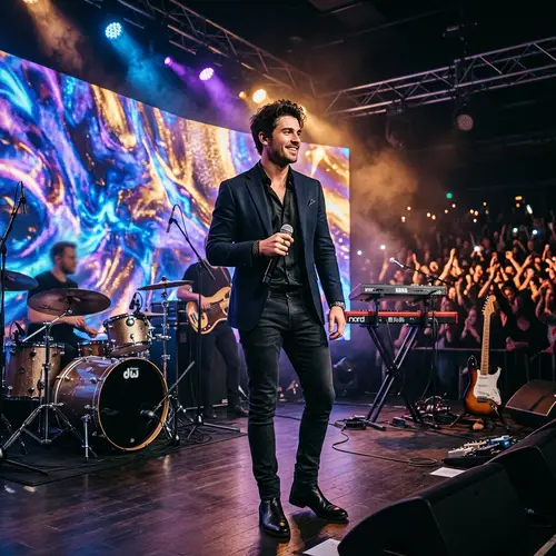 Stylish Young Singer on Stage with Microphone and LED Display