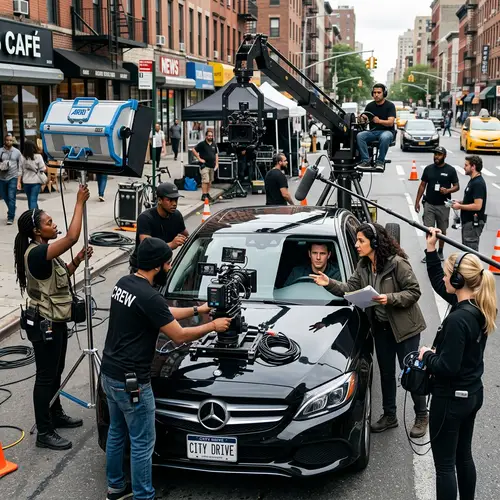 Diverse Film Crew Capturing Scene with Black Sedan in City Street