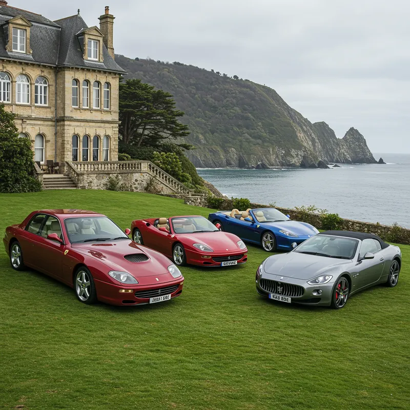 Luxury Cars at Seafront Mansion: Bentley & Ferraris
