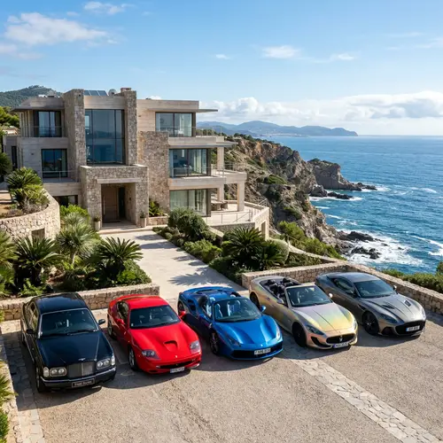 Luxury Cars at Seafront Mansion: Bentley & Ferraris