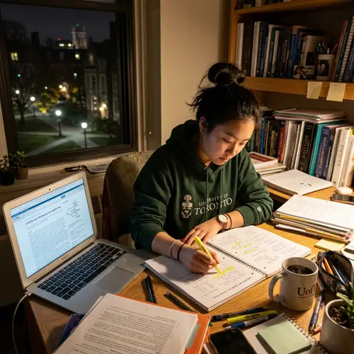 Asian Female College Student Studying Late Night at Desk