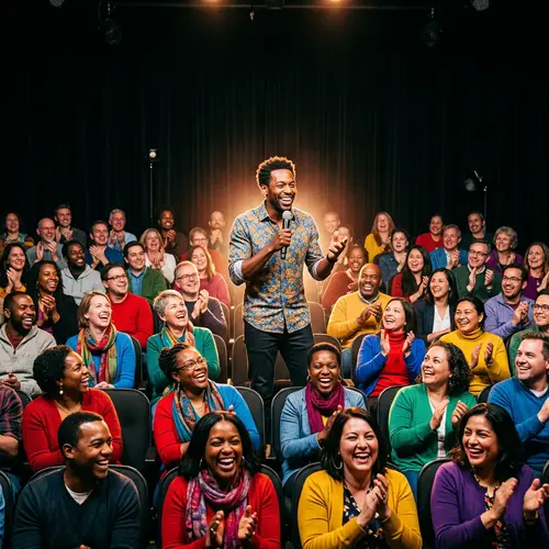 Diverse Crowd with Stand-Up Comedian | Vibrant Photo