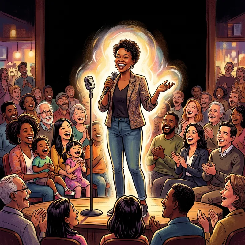 Inspirational Stand-Up Comic Engaging Diverse Crowd with Grace Inspirational Stand-Up Comic Engaging Diverse Crowd with Grace
