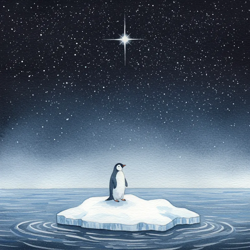 Watercolor Penguin on Ice Float at Night Watercolor Penguin on Ice Float at Night