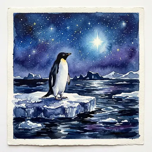 Watercolor Penguin on Ice Float at Night