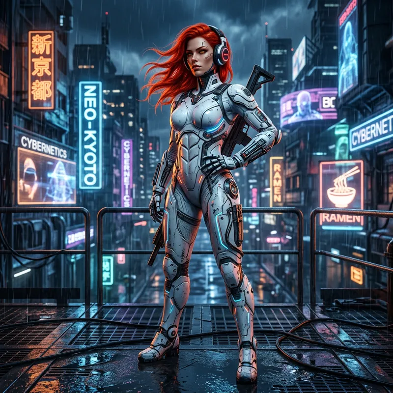 Stunning Biorobot Girl with Radiant Red Hair in Cyberpunk Suit