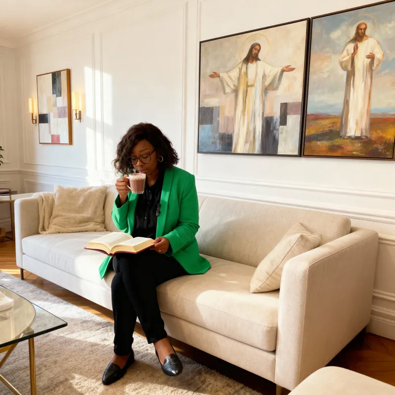 Elegant Morning: Woman Enjoys Hot Chocolate & Bible Elegant Morning: Woman Enjoys Hot Chocolate & Bible