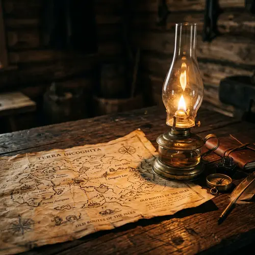 Rustic Oil Lamp Illuminating Antique Map | Warm Glow Scene