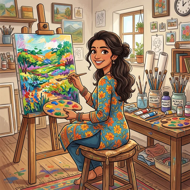 Detailed Cartoon: South Asian Woman Painting with Paintbrush