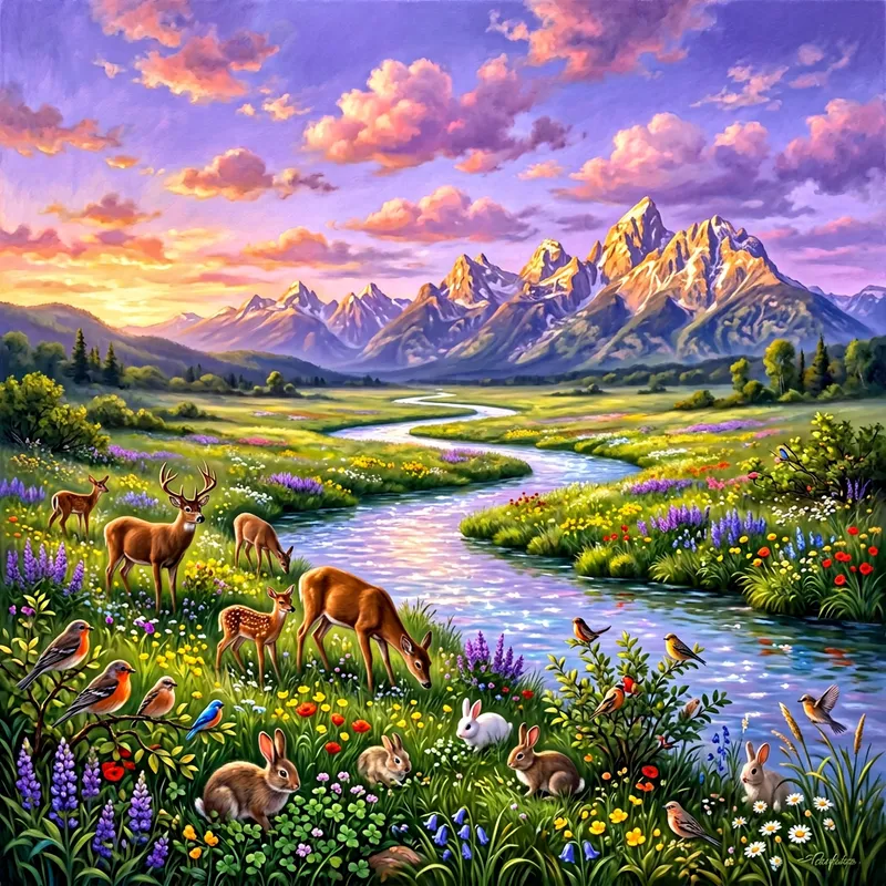 Surreal Landscape with Lavender Sky and Crystal Clear River | Wildlife Haven