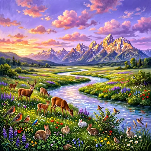 Surreal Landscape with Lavender Sky and Crystal Clear River