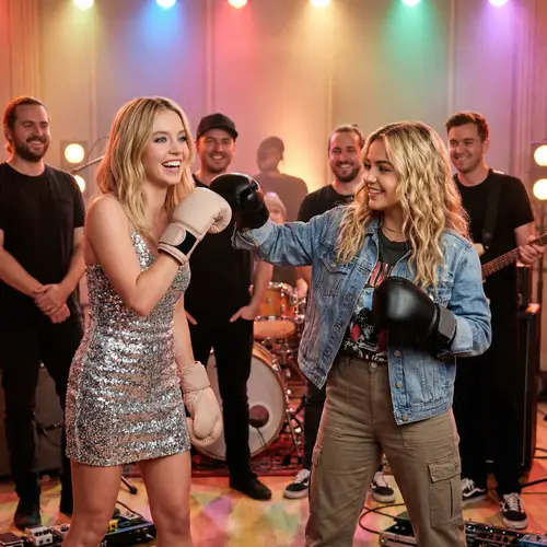 Young Female Pop Singers Playful Boxing Match