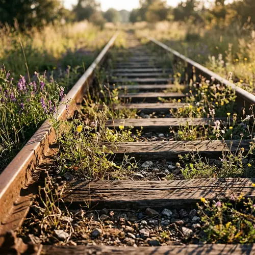 Rustic Railway Track Close-Up: Nature Reclaims Industrial Beauty