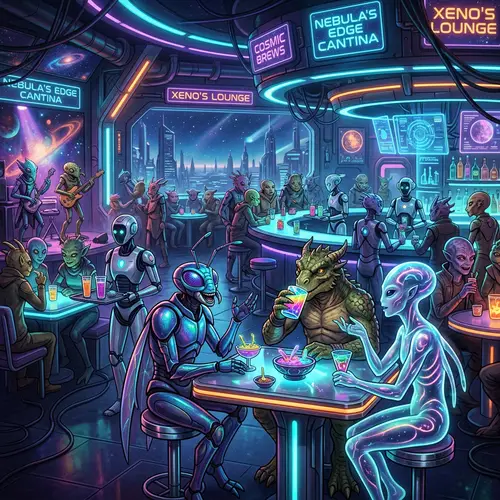 Cosmic Futuristic Bar - Intergalactic Scene with Alien Patrons