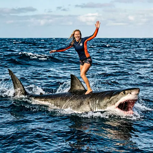 Blonde Female Surfing on Giant Shark - Unusual Sea Scene