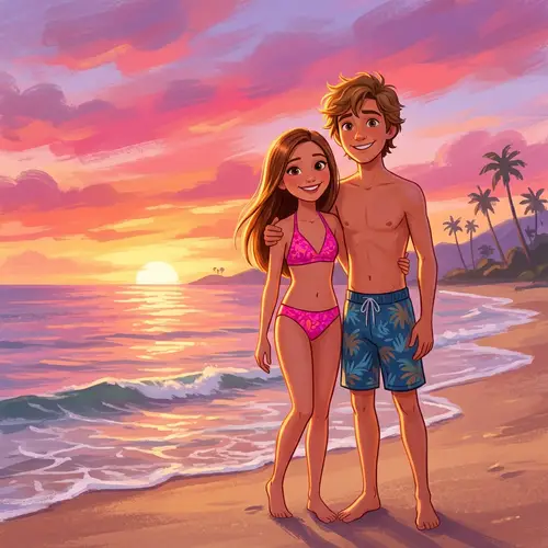Animated Boy & Girl in Pink Bikini at Marine Sunset Illustration