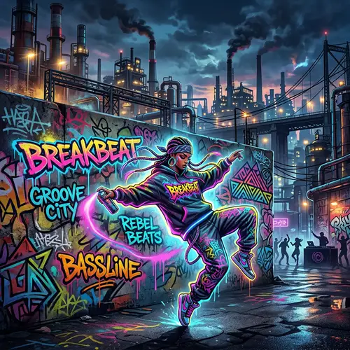 Graffiti Girl Amid Industrial City | Breakbeat Artwork