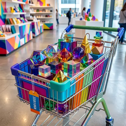 Vibrant Shopping Cart with Geometric Merchandise