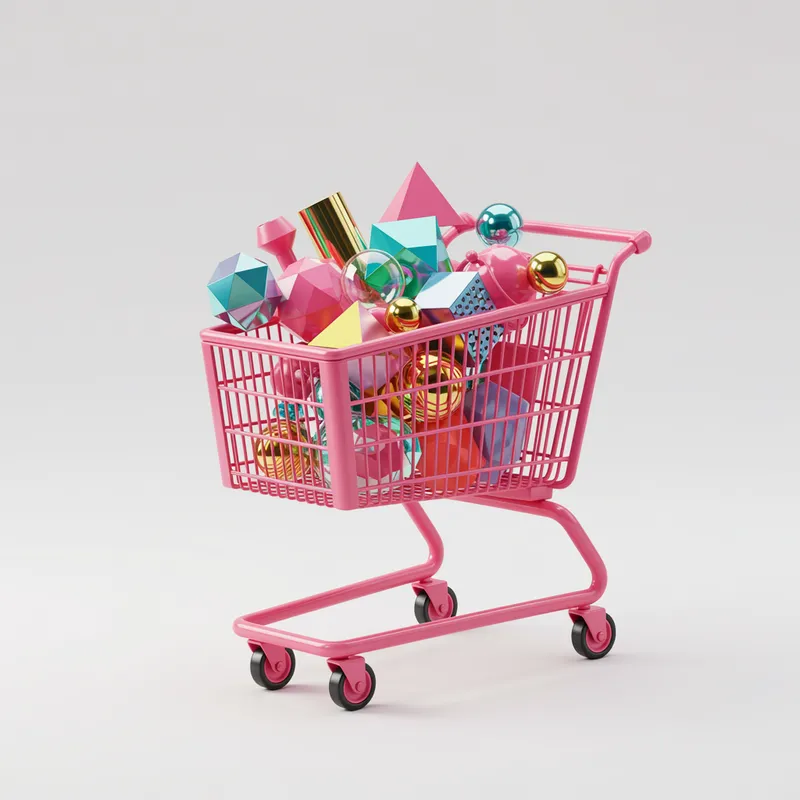 Vibrant Shopping Cart with Geometric Merchandise