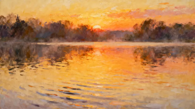 Impressionist Sunset Over Tranquil Lake Painting