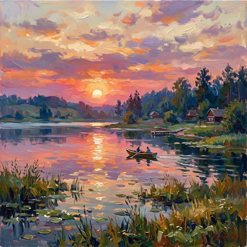 Impressionist Sunset Over Tranquil Lake Painting