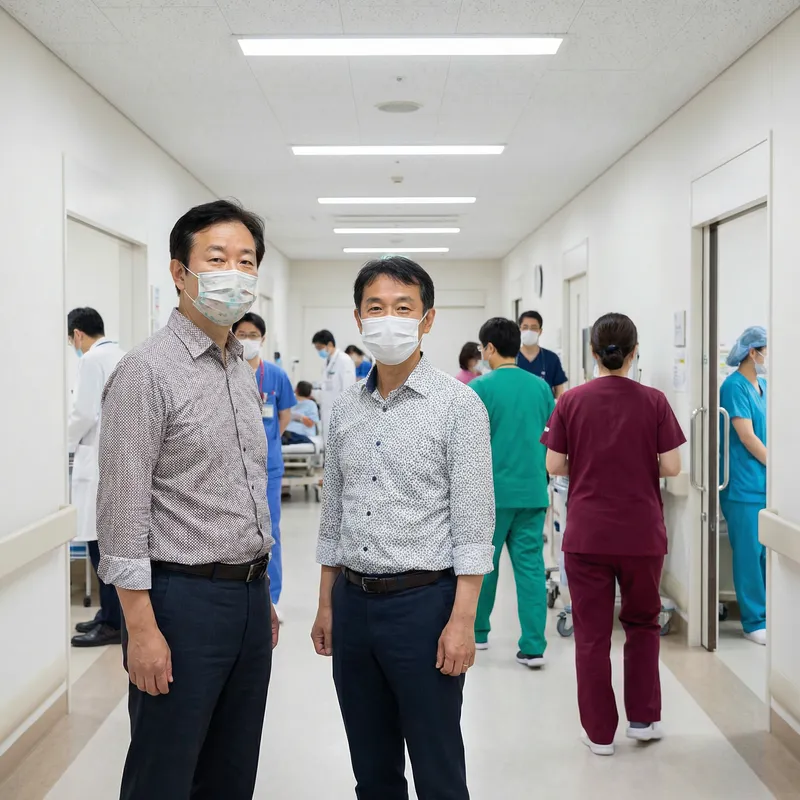 Asian Man in Mask in Hospital Hallway