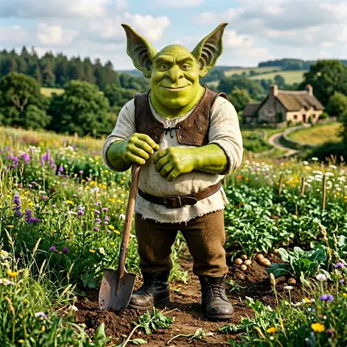 Green Creature with Shovel in Lush Field