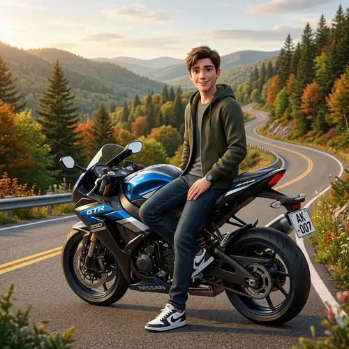3D Illustration of 17-Year-Old Boy on GTR 350 Bike in Nature